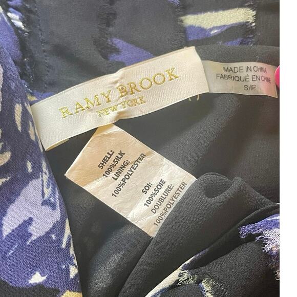 RAMY BROOK MINI DRESS MILENE 100% SILK BLUE FLORAL RUFFLE SMOCKED WAIST SZ S - Picture 9 of 16